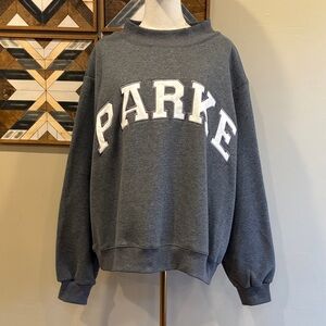 PARKE Varsity Fleece Mockneck Sweatshirt in Stormy Grey + White size L/XL EUC